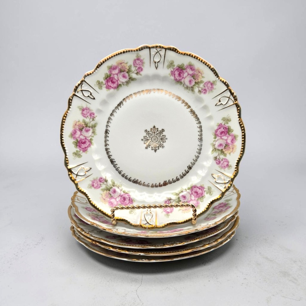 Set Of 5 Three Crown China Germany Floral Rose Salad / Dessert Plates Gold Gilt